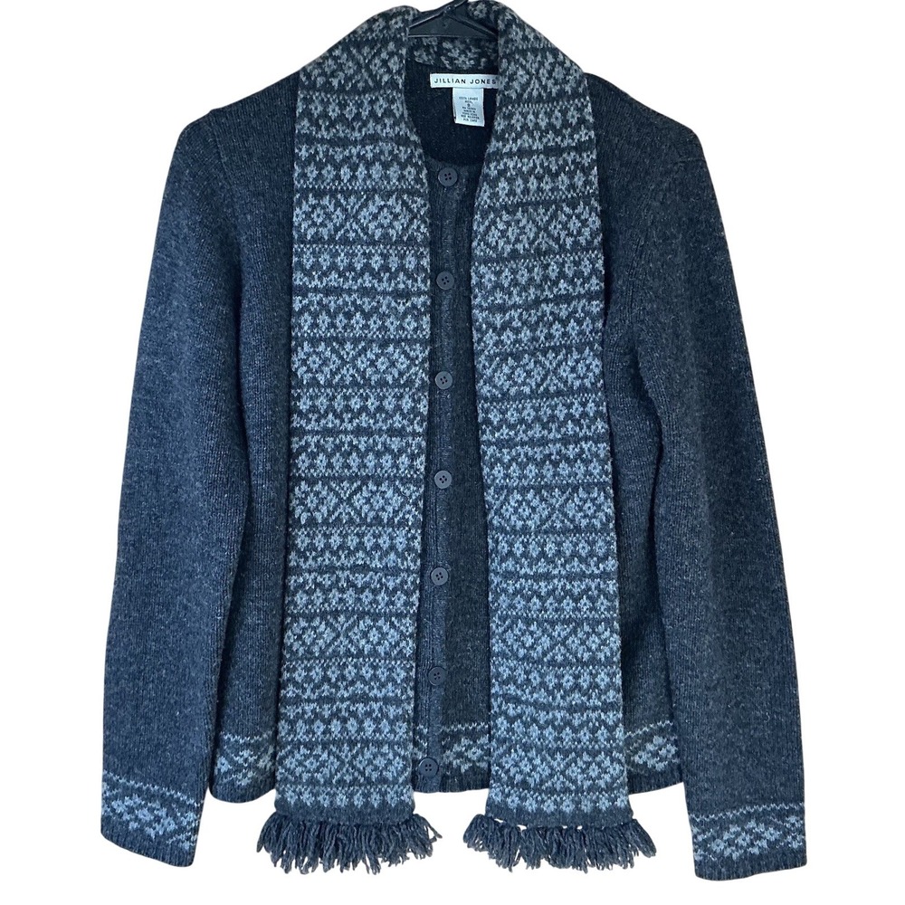 VTG Jillian‎ Jones Gray Lambswool Cardigan Sweater W/Scarf Sz S Fair Isle Preppy